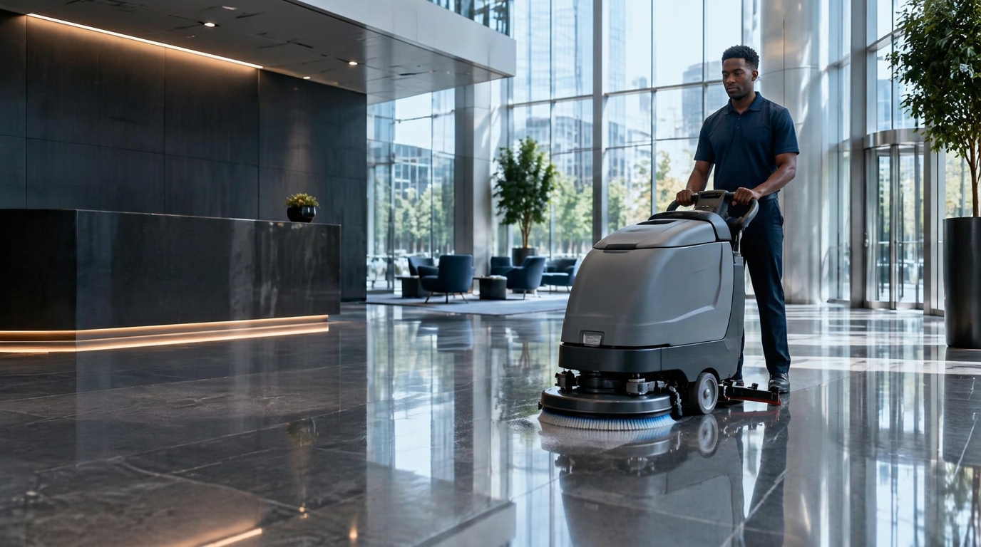 Commercial cleaning professional polishing a modern office lobby floor