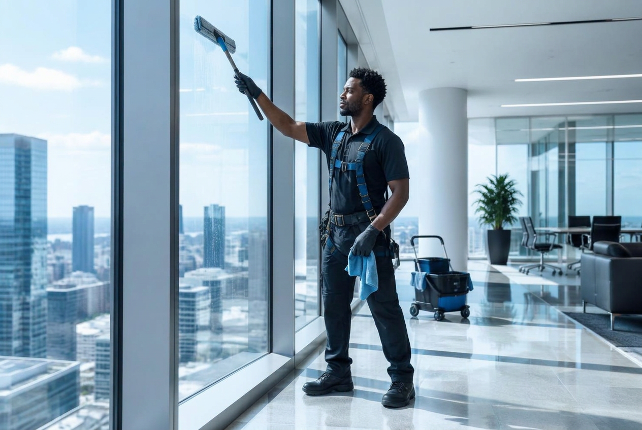 Professional cleaning technician cleaning commercial office windows